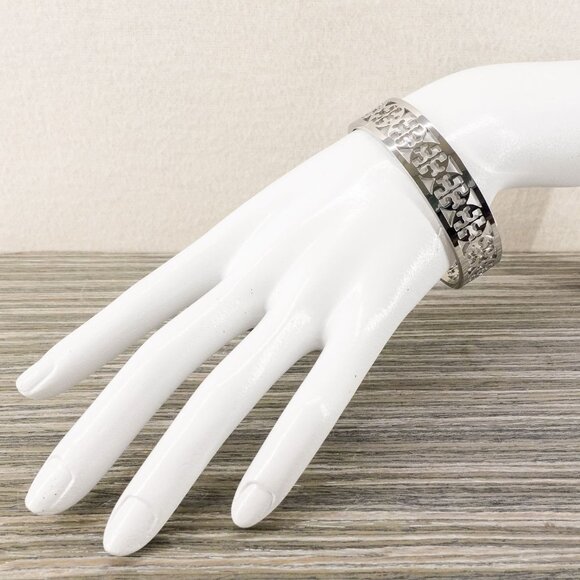 Tory Burch TB Gold Logo Cut out Cuff Bracelet Silver OS - Picture 7 of 10
